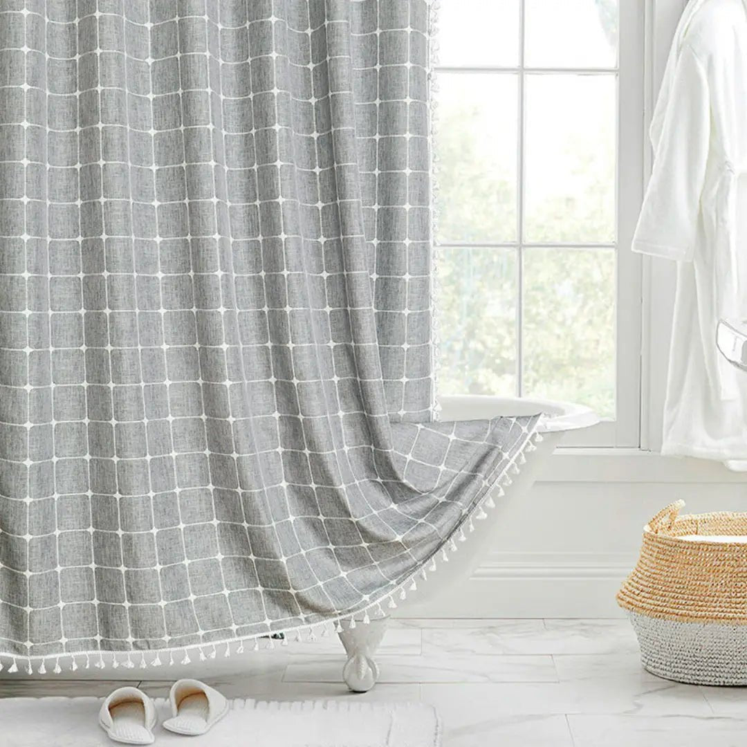 Bohemian Leinen-Duschvorhang mit Quasten und wasserdichtem Design