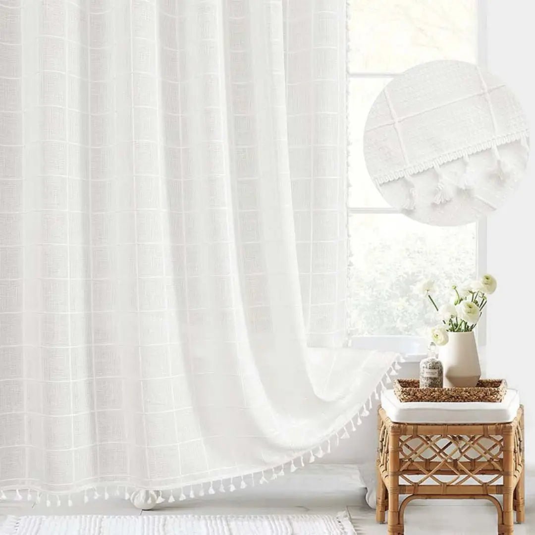 Bohemian Leinen-Duschvorhang mit Quasten und wasserdichtem Design