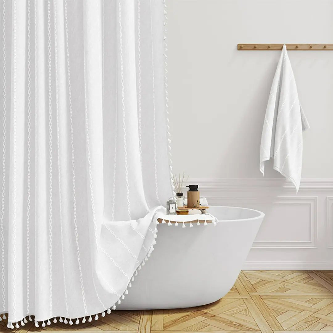 Bohemian Leinen-Duschvorhang mit Quasten und wasserdichtem Design