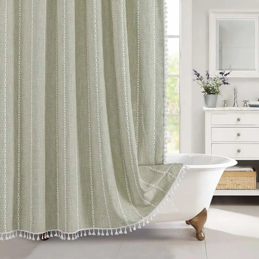 Bohemian Leinen-Duschvorhang mit Quasten und wasserdichtem Design