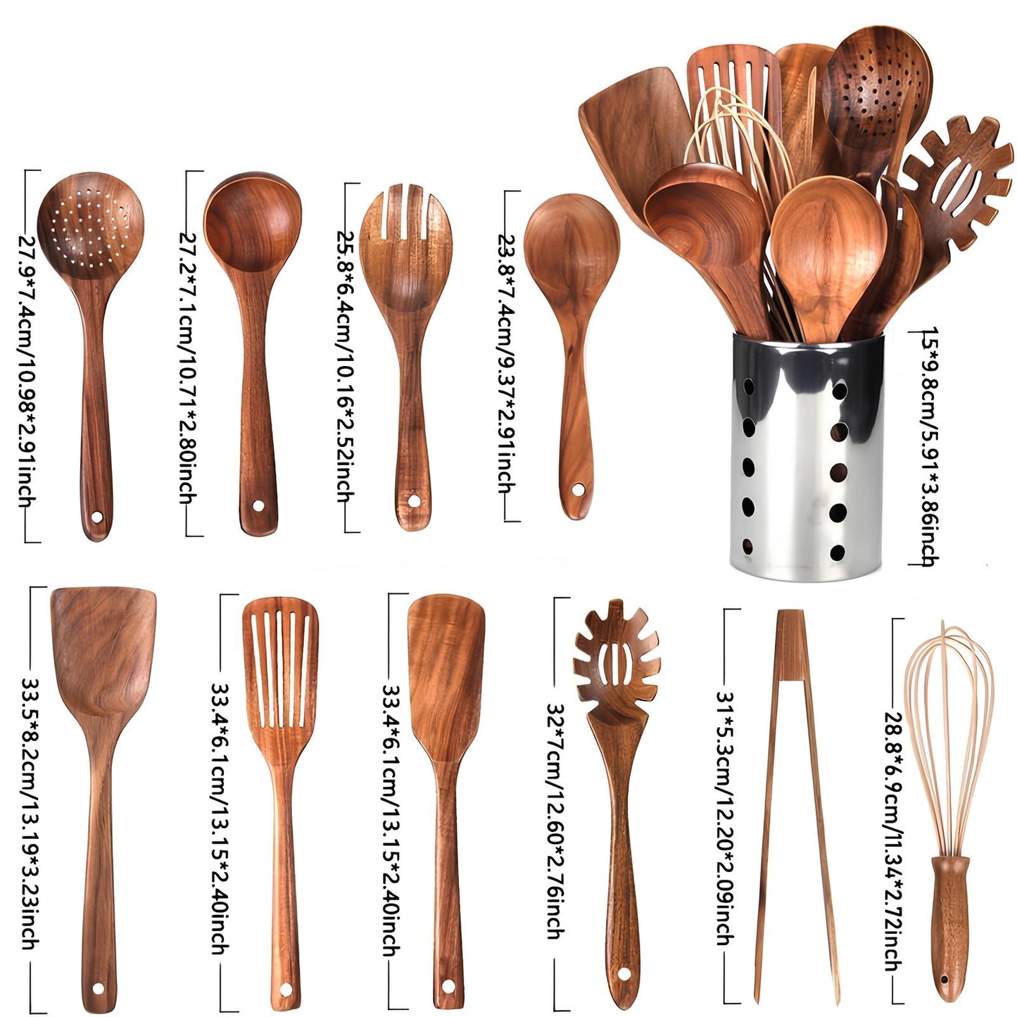 11-teiliges Set aus natürlichem Teakholz-Küchenutensilien mit Halter