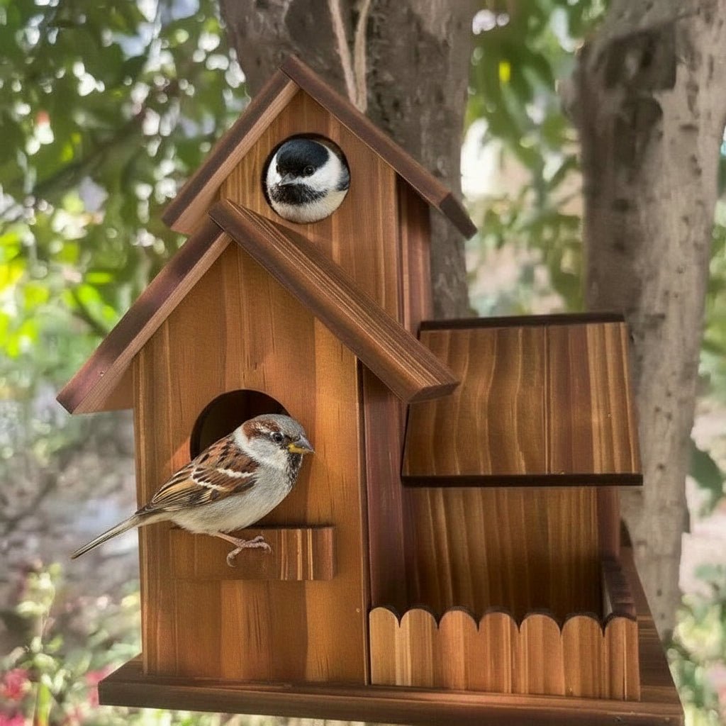 Rustikale Vogelhaus aus Massivholz mit mehreren Nistkammern für den Außenbereich
