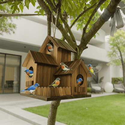 Rustikale Vogelhaus aus Massivholz mit mehreren Nistkammern für den Außenbereich