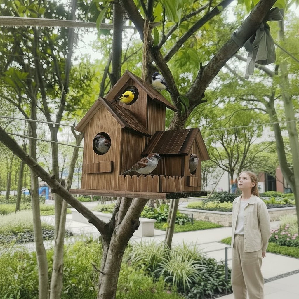 Rustikale Vogelhaus aus Massivholz mit mehreren Nistkammern für den Außenbereich