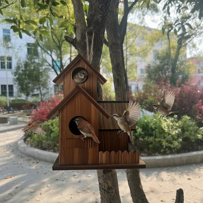 Rustikale Vogelhaus aus Massivholz mit mehreren Nistkammern für den Außenbereich