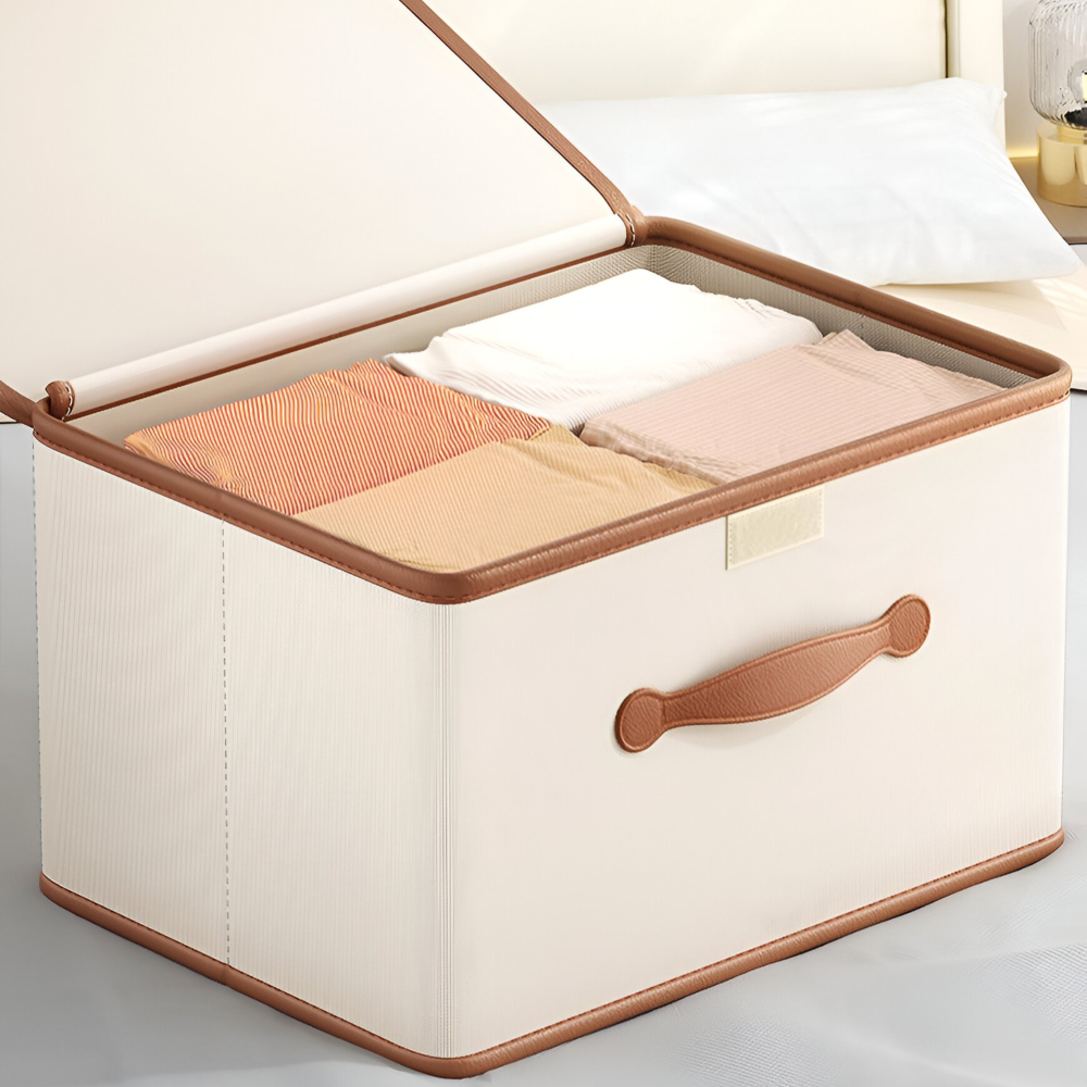 Faltbare Aufbewahrungsbox mit Deckel und Ledergriffen
