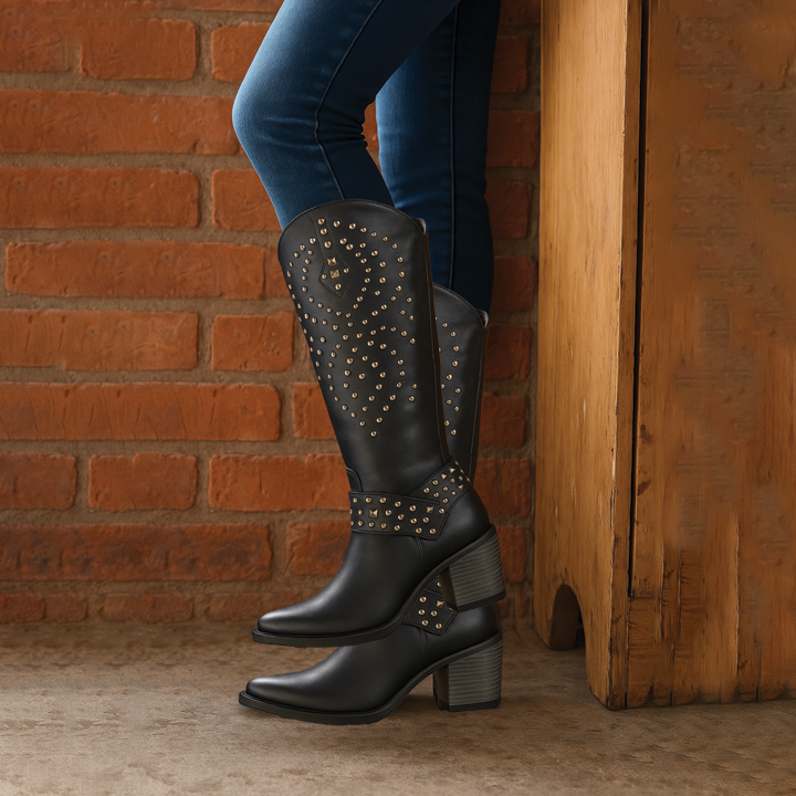 Women's Rivet Knee High Boots | Chunky Heels