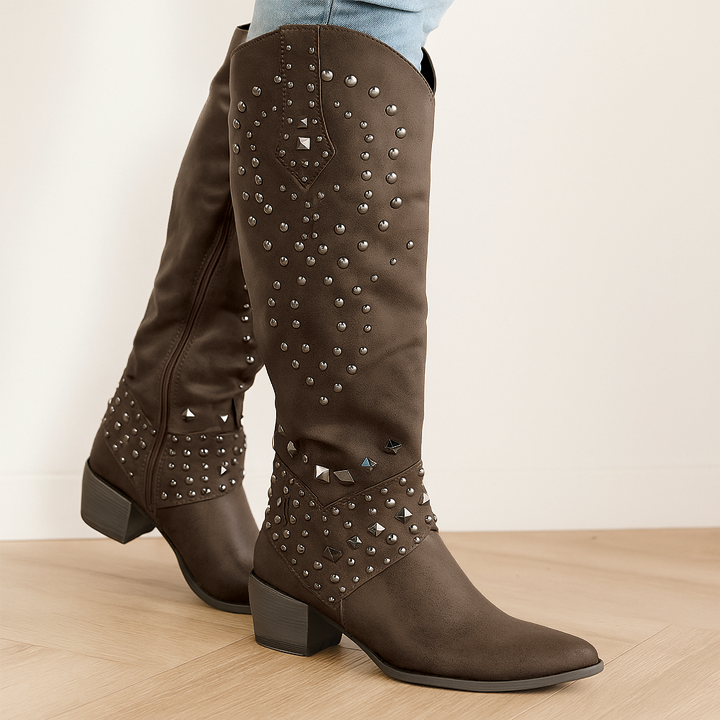 Women's Rivet Knee High Boots | Chunky Heels