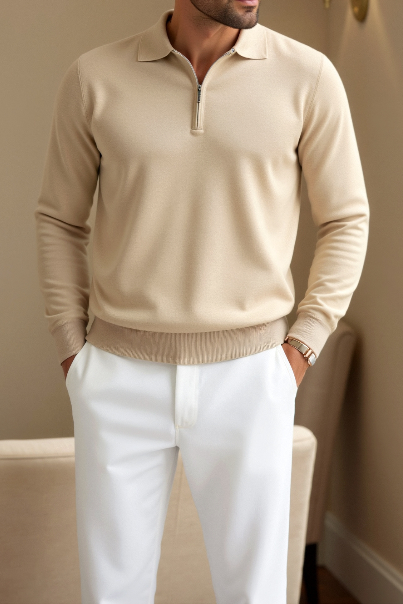 Herren Freizeit Polo-Shirt mit Viertelreißverschluss | Langarm