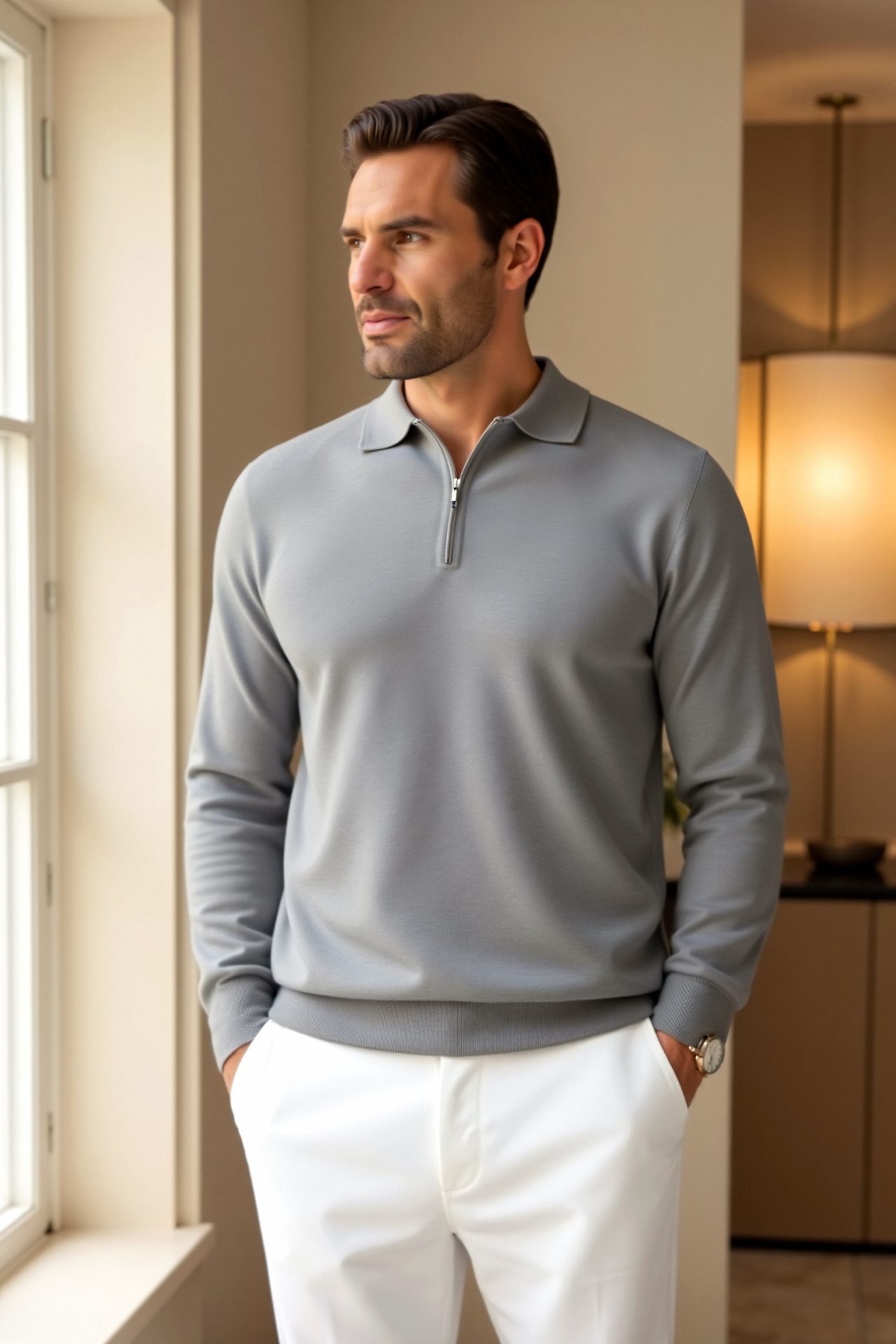 Herren Freizeit Polo-Shirt mit Viertelreißverschluss | Langarm