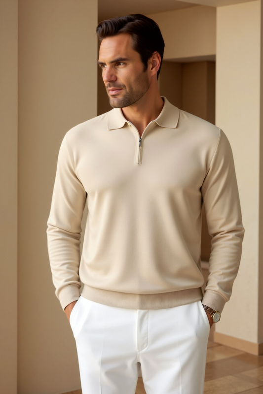 Herren Freizeit Polo-Shirt mit Viertelreißverschluss | Langarm