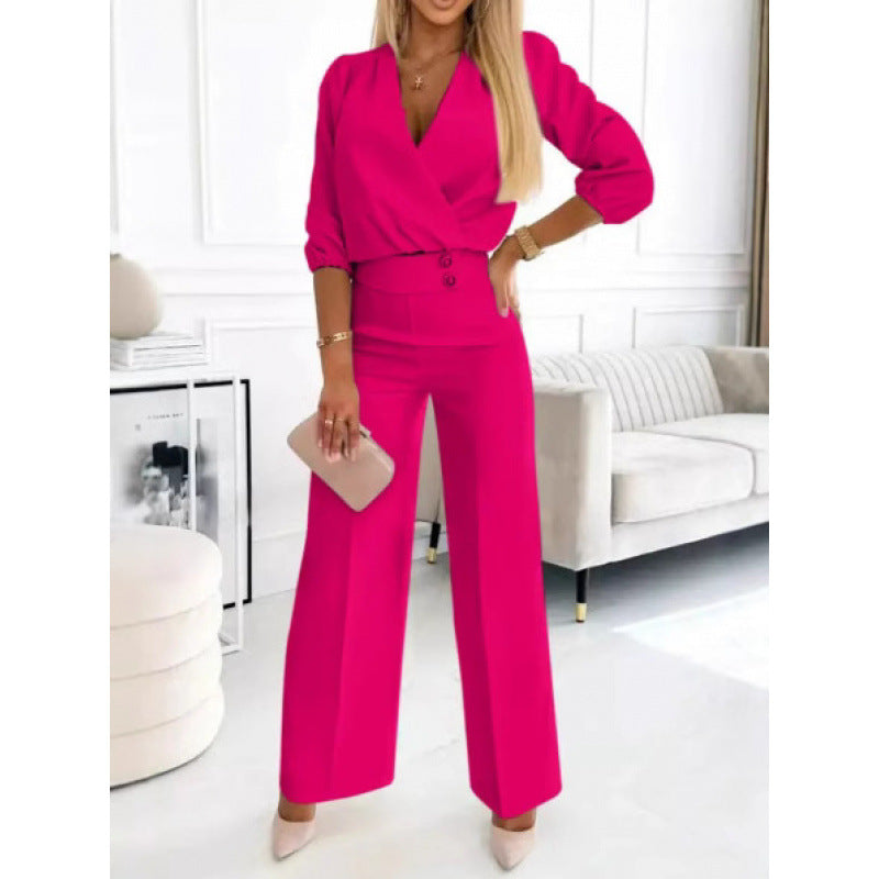 Women's Two Buttons Jumpsuit | V-Neck