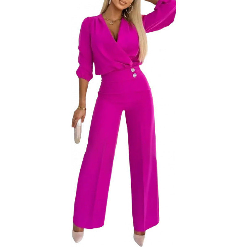 Women's Two Buttons Jumpsuit | V-Neck