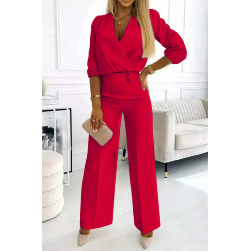 Women's Two Buttons Jumpsuit | V-Neck