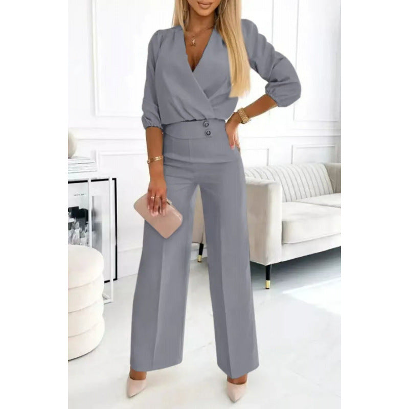 Women's Two Buttons Jumpsuit | V-Neck