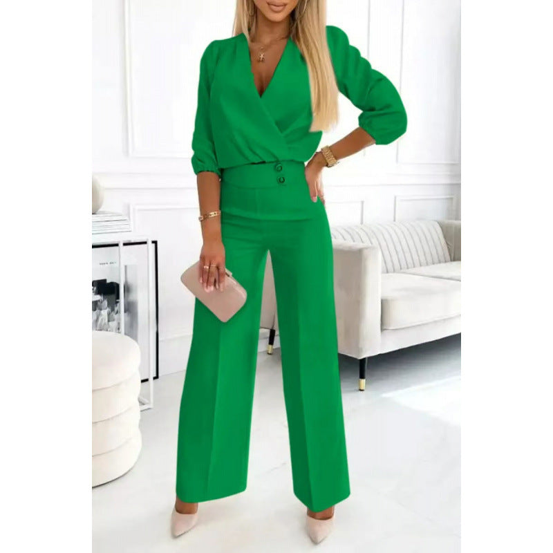 Women's Two Buttons Jumpsuit | V-Neck