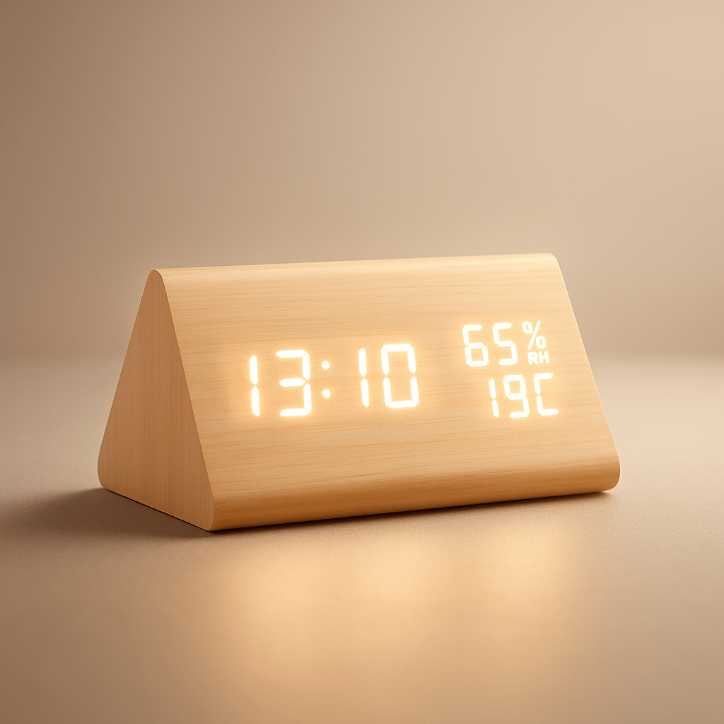 Einfache digitale Holz-Uhr mit Temperaturanzeige und Lichtsteuerung