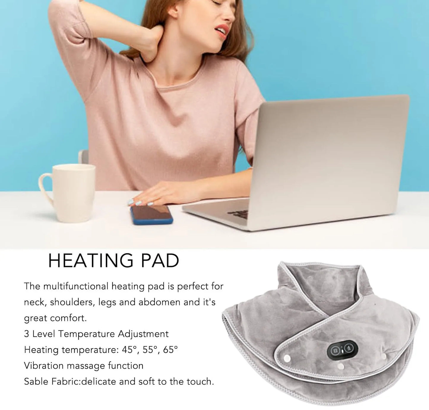 Wärme Nacken- & Schulter-Massager | USB-Heizkissen mit Vibration | 3 Temperatureinstellungen & Timer | Weiches Plüschdesign