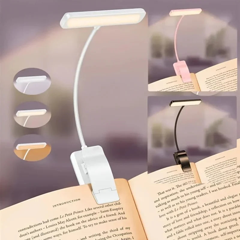 Flexible USB wiederaufladbare Leselampe | 3 Lichtfarben & dimmbar | Clip-On-Design mit verstellbarem Arm