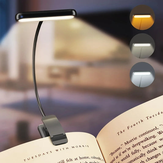 Flexible USB wiederaufladbare Leselampe | 3 Lichtfarben & dimmbar | Clip-On-Design mit verstellbarem Arm