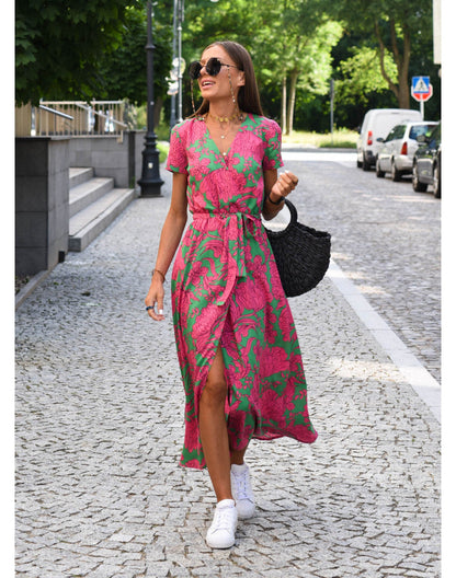 Damen V-Ausschnitt Kurzarm Wickelkleid | Midi