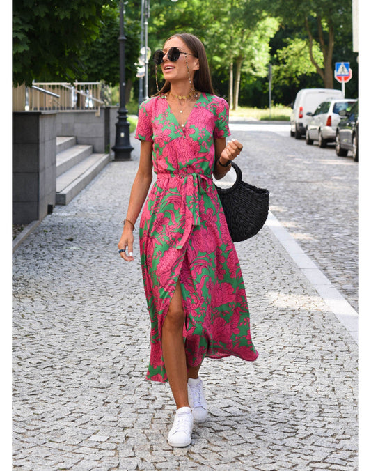 Damen V-Ausschnitt Kurzarm Wickelkleid | Midi