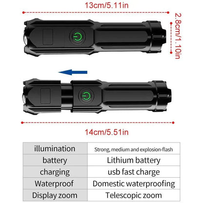 Leistungsstarker LED-Taschenlampe mit 100.000 Lumen, USB-Ladung & wasserdichtem Zoom-Design
