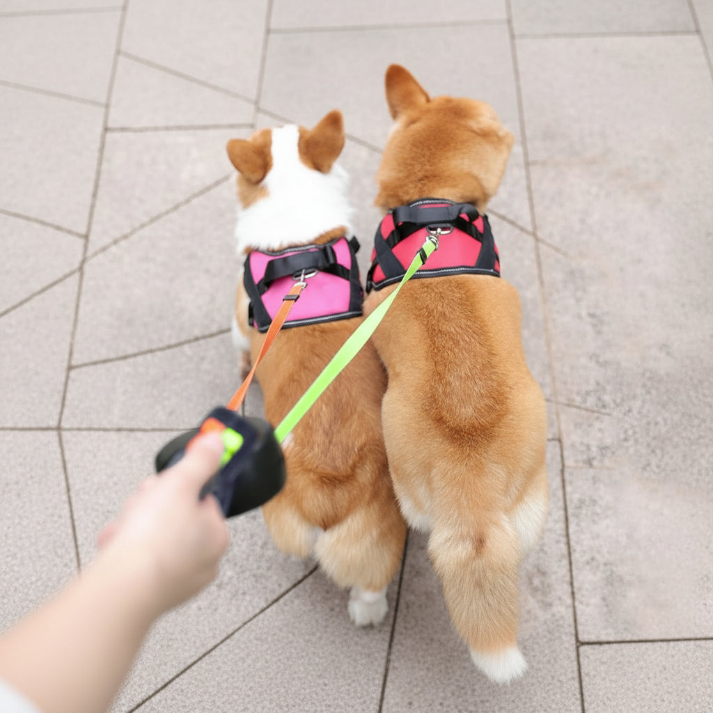 Einziehbare Leine für zwei Hunde mit integriertem Taschenlampe