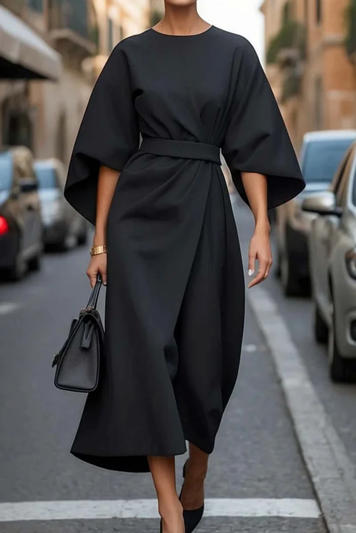 Damen Kleid mit Laternenärmeln und Gürtel | Elegant
