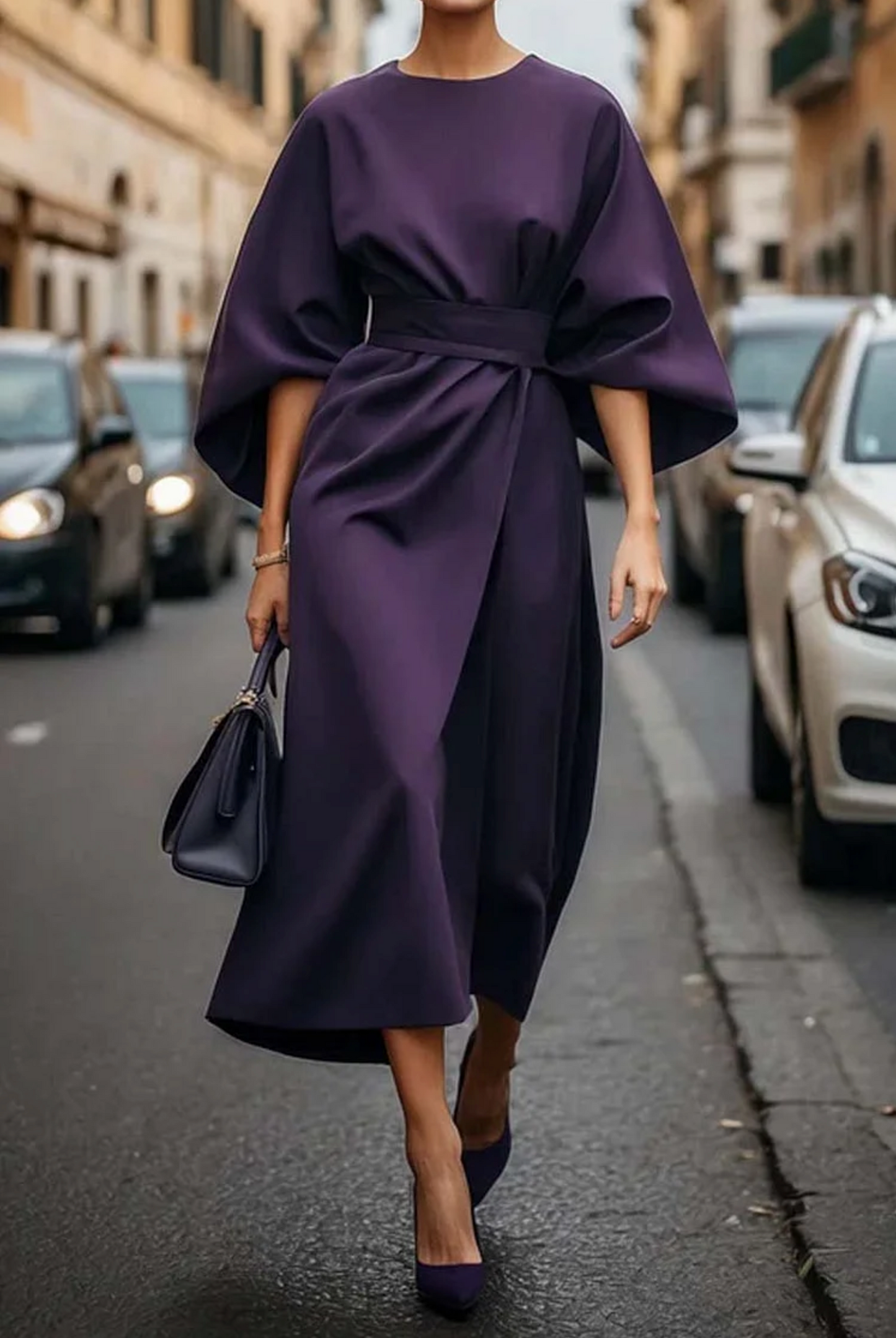 Damen Kleid mit Laternenärmeln und Gürtel | Elegant