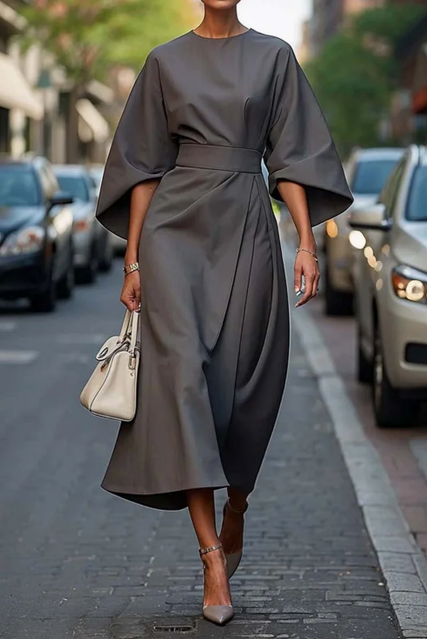 Damen Kleid mit Laternenärmeln und Gürtel | Elegant
