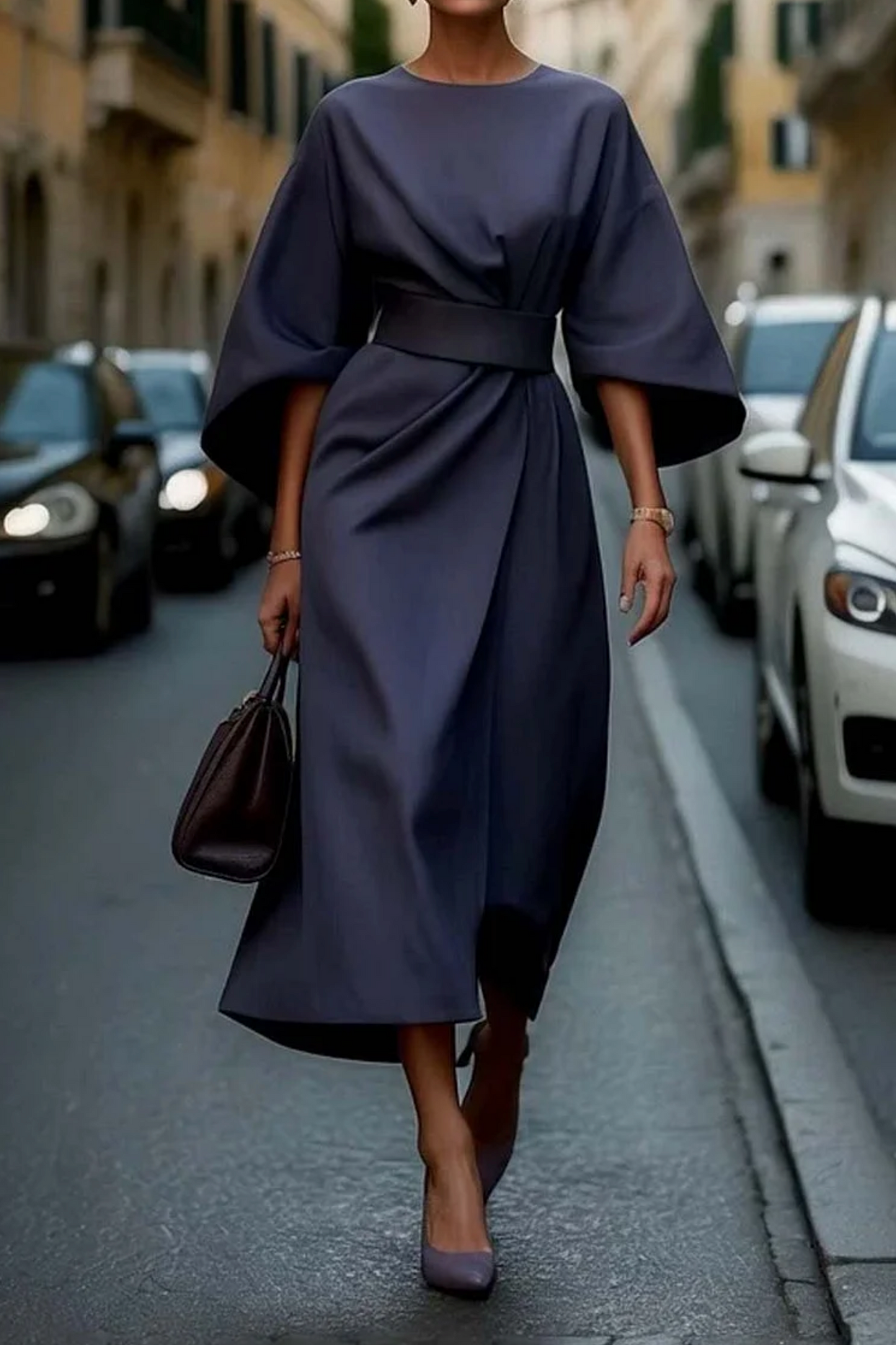 Damen Kleid mit Laternenärmeln und Gürtel | Elegant