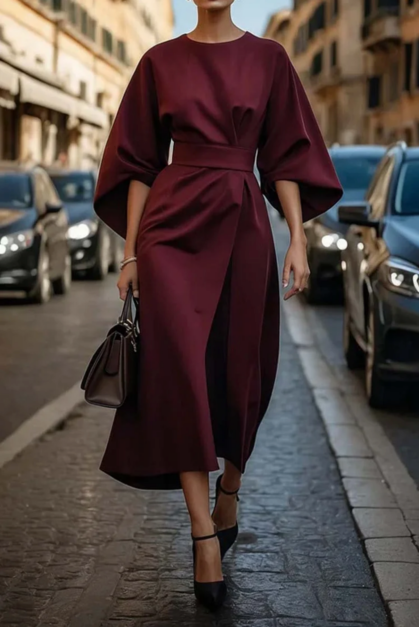 Damen Kleid mit Laternenärmeln und Gürtel | Elegant