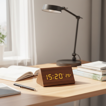 LED Holz-Uhr mit Sprachsteuerung für stilvolle Zeitansicht