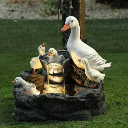 Solar-Dekorationsbrunnen mit Ente und Eichhörnchen | Gartenfigur mit LED-Licht | Wetterfestes Resin | Ideal für Terrasse und Balkon