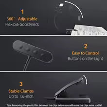 Flexible USB wiederaufladbare Leselampe | 3 Lichtfarben & dimmbar | Clip-On-Design mit verstellbarem Arm
