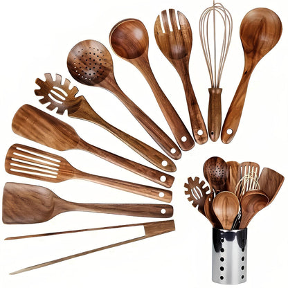 11-teiliges Set aus natürlichem Teakholz-Küchenutensilien mit Halter