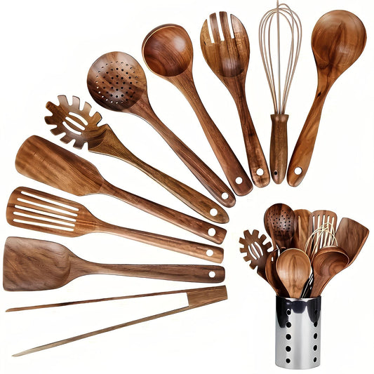 11-teiliges Set aus natürlichem Teakholz-Küchenutensilien mit Halter