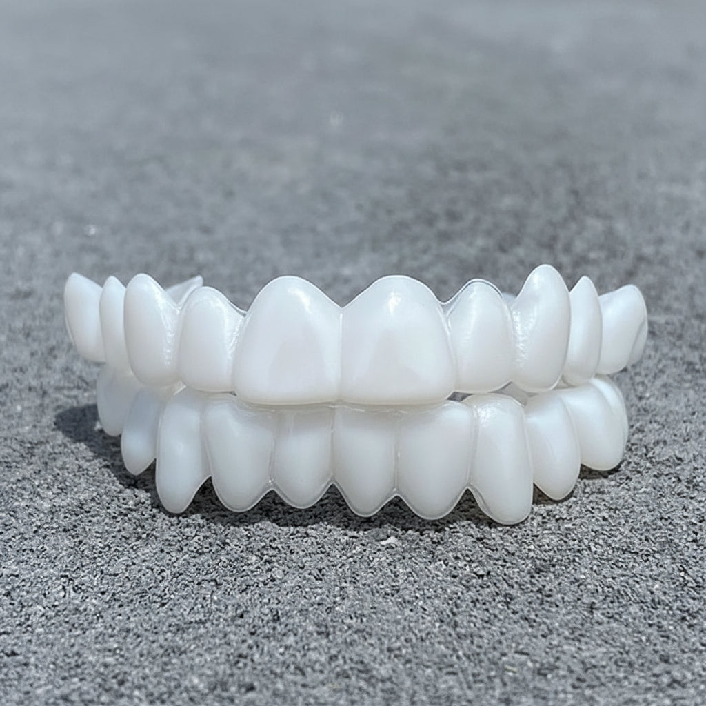 Zahnprothese mit weißen Zahnlinsen