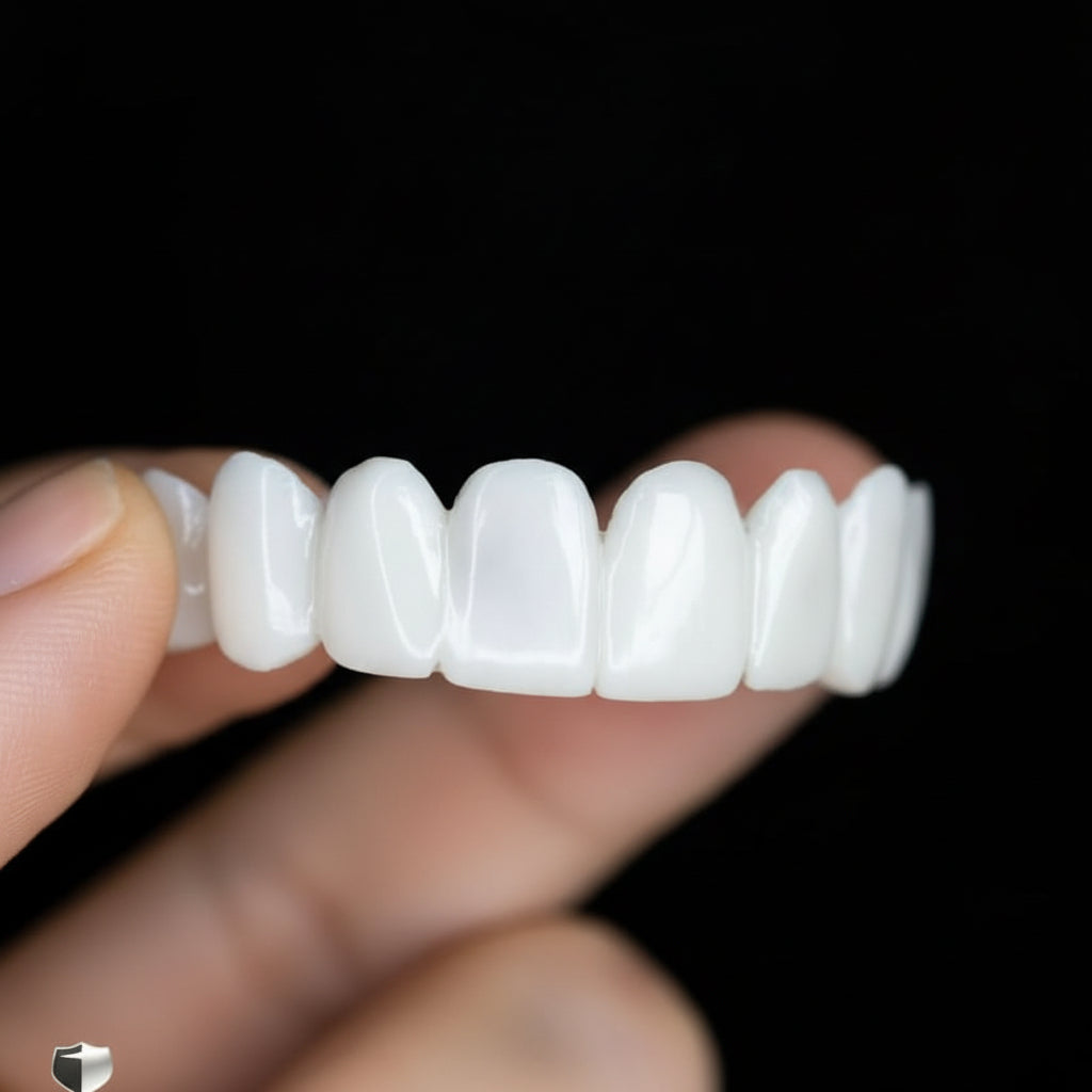 Zahnprothese mit weißen Zahnlinsen