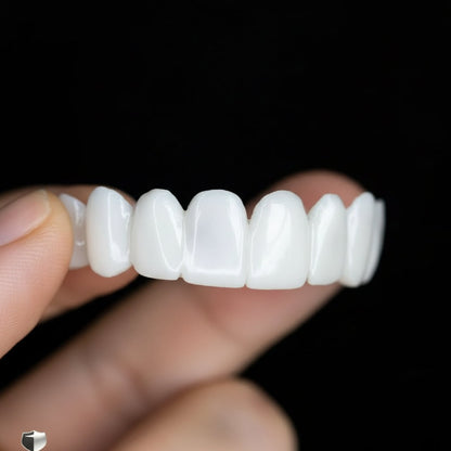 Zahnprothese mit weißen Zahnlinsen