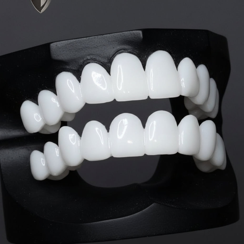 Zahnprothese mit weißen Zahnlinsen