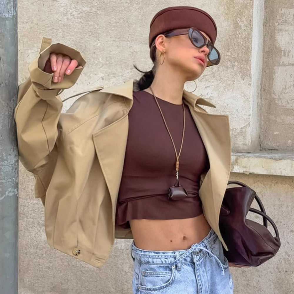 Khakifarbener Kurz-Trenchcoat mit breitem Kragen für Damen – Romana