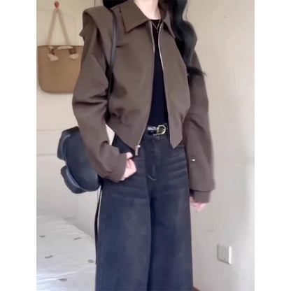 Braune Kurzjacke mit Reißverschluss und Langarm für Damen - Ester