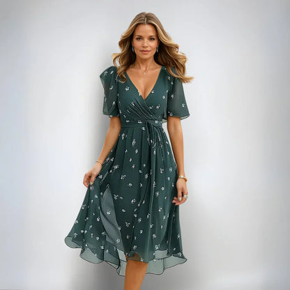 Damen Kurzarm Blumen Sommerkleid | Midi