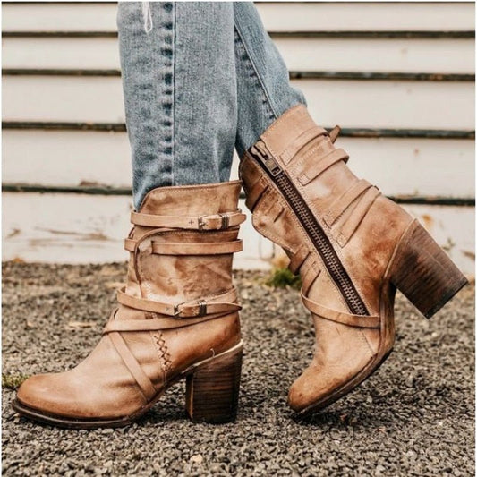 Women's Distressed Leather Boots | Chunky Heel
