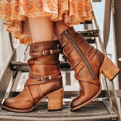 Women's Distressed Leather Boots | Chunky Heel