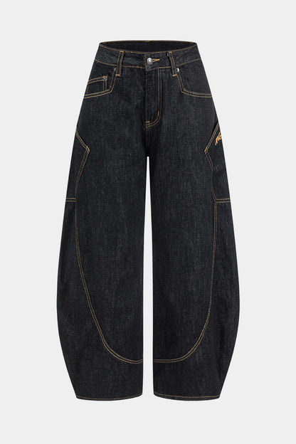 Damen Vintage Gewaschene Weite Beinform Jeans