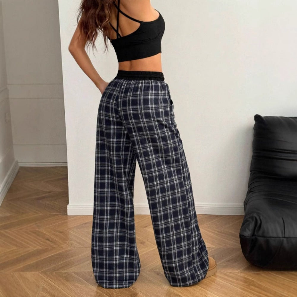 Black Plaid Wide Leg Lounge Pants with Drawstring for Women - Carmela