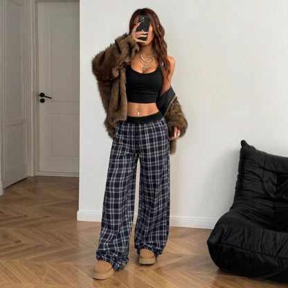 Black Plaid Wide Leg Lounge Pants with Drawstring for Women - Carmela